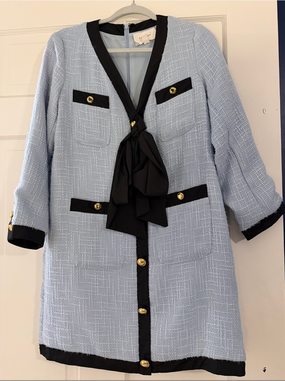 Light Blue Tweed Contrast-Trim Coat with Bow